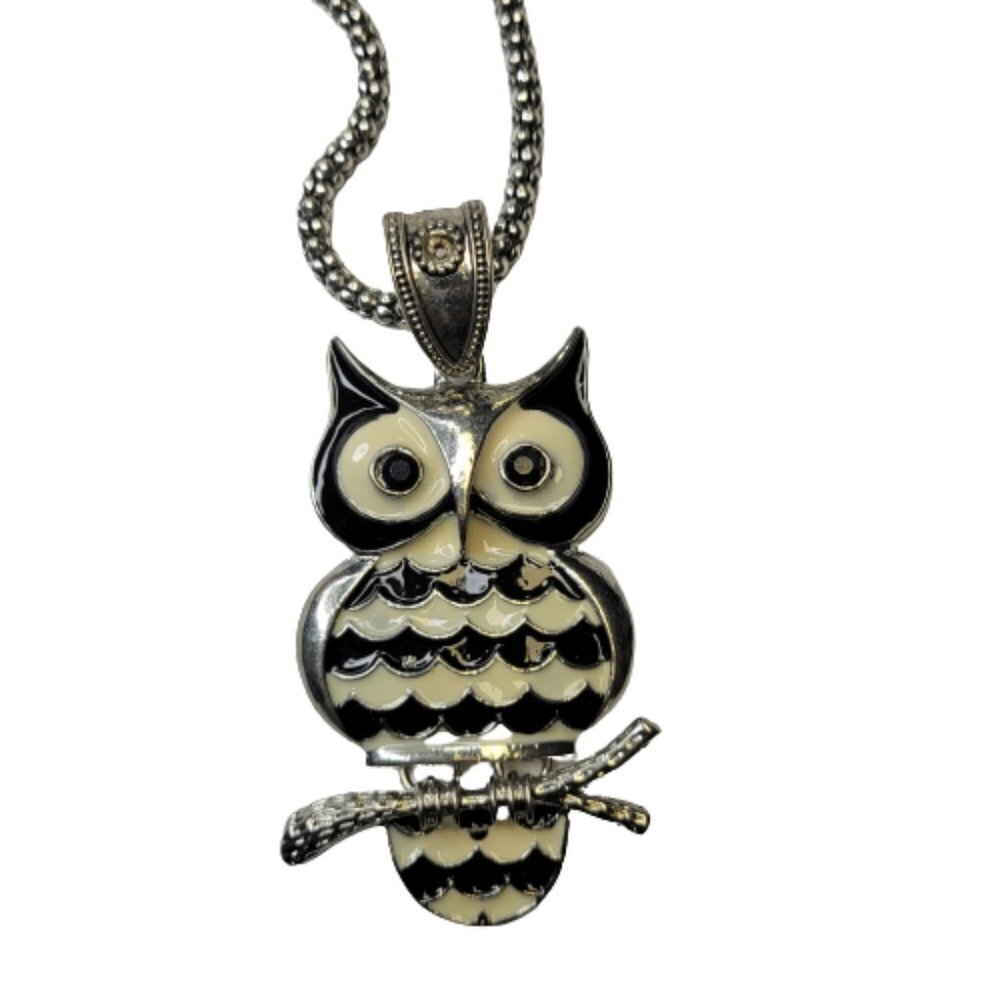 Owl Pendant enamel Black White Owl Necklace